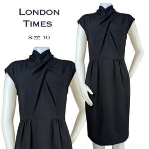 London Times Sheath Dress 10 Black Twist Neck Sleeveless Pleated Waist Lined